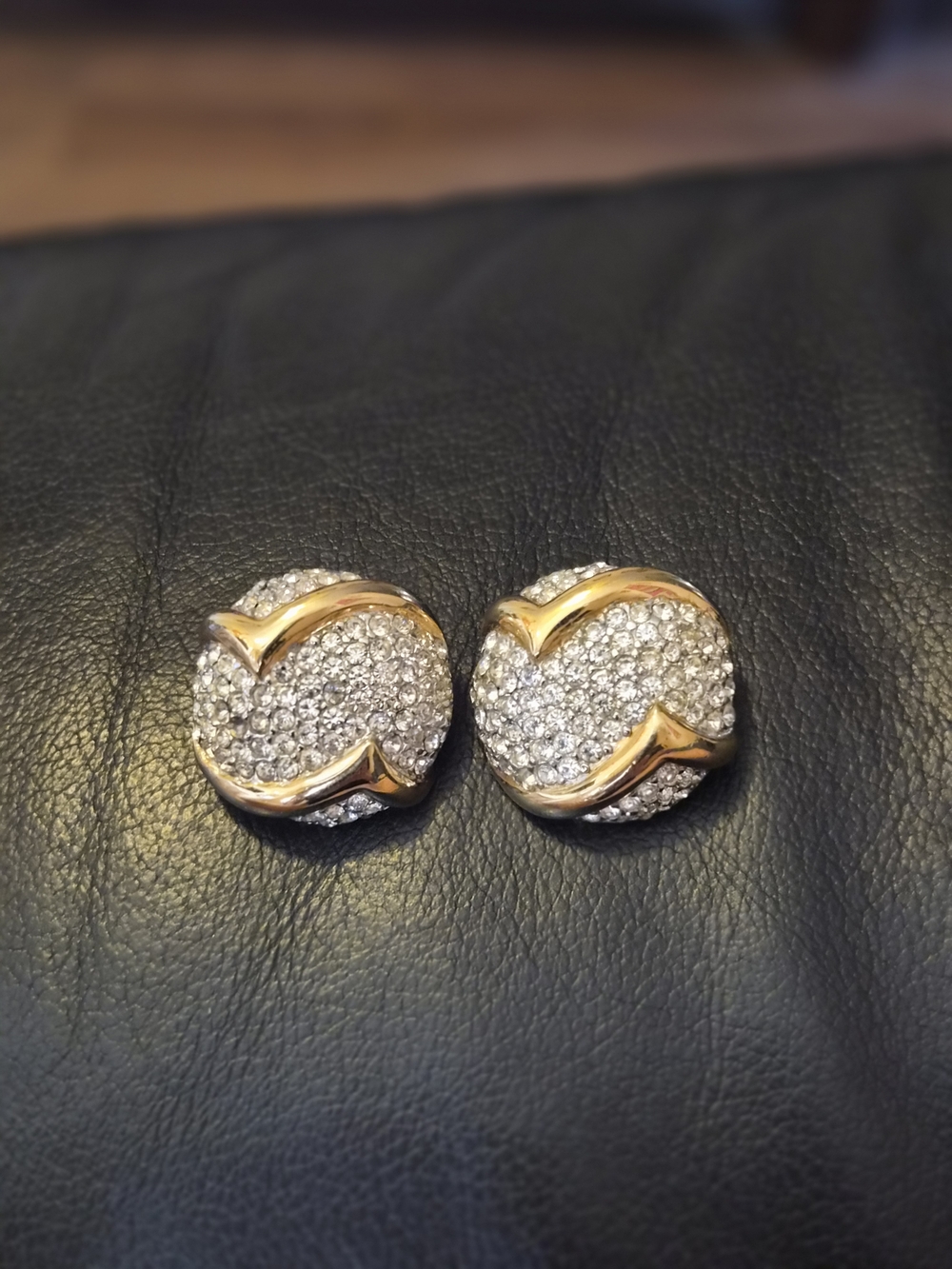 Gold-Tone Pave Crystal Vintage Clip On Button Earrings - Gold and Clear
